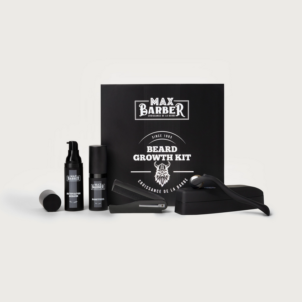 Le Coffret Viking de MaxBarber, contenant le kit de croissance de barbe, posé au sol sur un fond blanc.