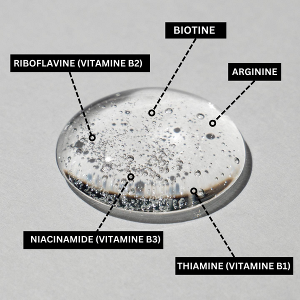 Liste des ingrédients du sérum activateur MaxBarber affichée sur un fond gris