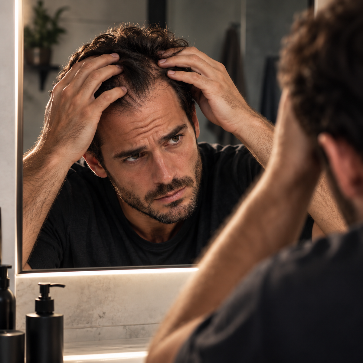 Homme examinant la densité de ses cheveux